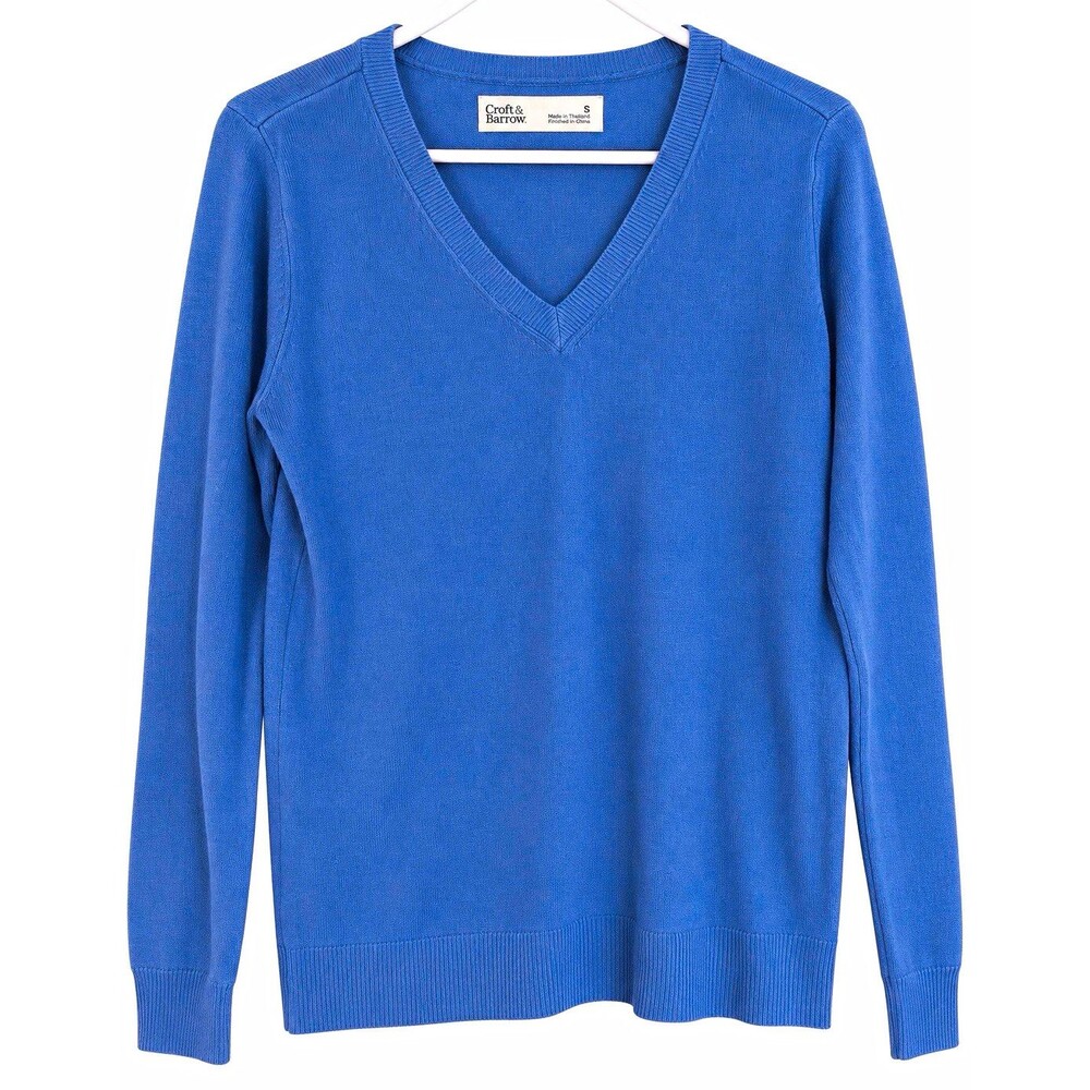 Croft & Barrow Women’s Solid Knit V-Neck Pullover Sweater Blue Cotton S